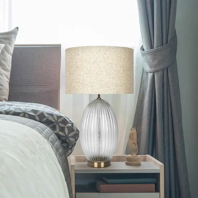 Alt view image 4 of 5 - Aurora Ribbed Glass Lamp Base Clear Table Lamp Large Linen Shade