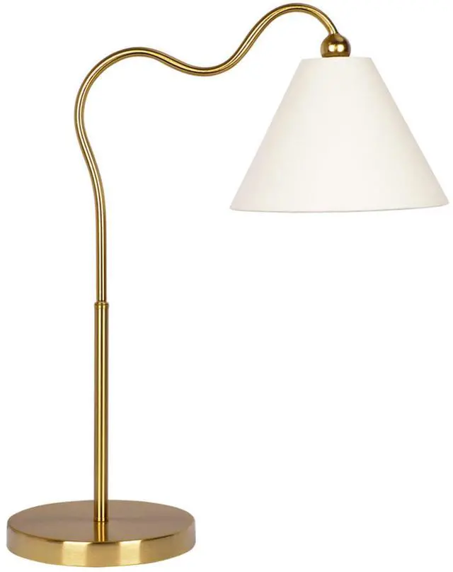Main image of Ornate Brass Ring Base Curved Table Lamp with Triangle White Drum Shade, Gold, Metal, 18.25 x 9.50 x 22.00 inches