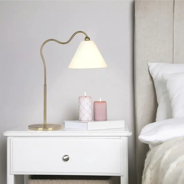 Alt view image 2 of 7 - Ornate Brass Ring Base Curved Table Lamp with Triangle White Drum Shade, Gold, Metal, 18.25 x 9.50 x 22.00 inches