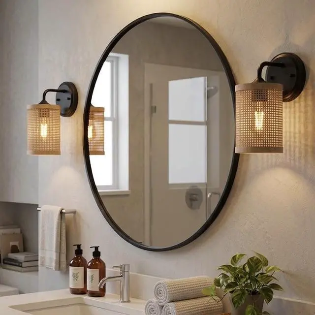 Alt view image 4 of 7 - Reef Single Lights Wall Sconce with Natural Rattan Shade Rustic Wicker Wall Light