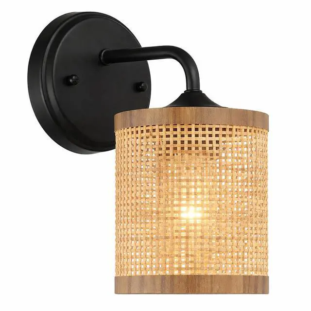 Alt view image 7 of 7 - Reef Single Lights Wall Sconce with Natural Rattan Shade Rustic Wicker Wall Light