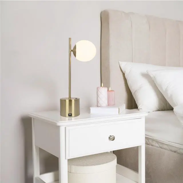 Alt view image 2 of 7 - Ethereal Modern Small Brass Metal Table Lamp with White Glass Globe Shade, Elegant Desk Lamp Fixture 22"H x 9.3"W x 5.8"D for Living Room, Desk Lamps for Office Reading