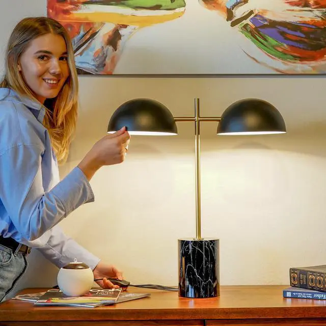 Alt view image 2 of 7 - Black Table Lamp with on/Off Switch, Double Lamp, Faux Marble Base 22.4" H x 20" W x 7.9" D for Living Room, Desk Lamps for Office Reading