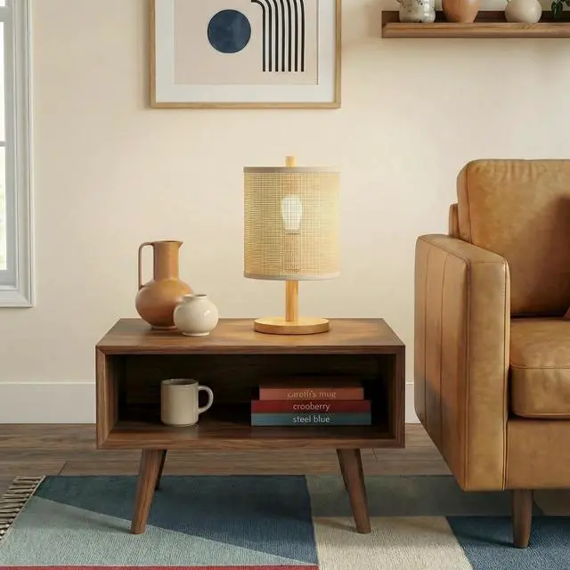 Alt view image 2 of 7 - Levio Table Lamp, Natural Oak Wooden Base with Linen Shade 110-120V Paper Rattan Weave Material Wood,Desktop Lamp From The Us Warehouse, Suitable for Bedroom, Living Room, Study, Reading Room, Office