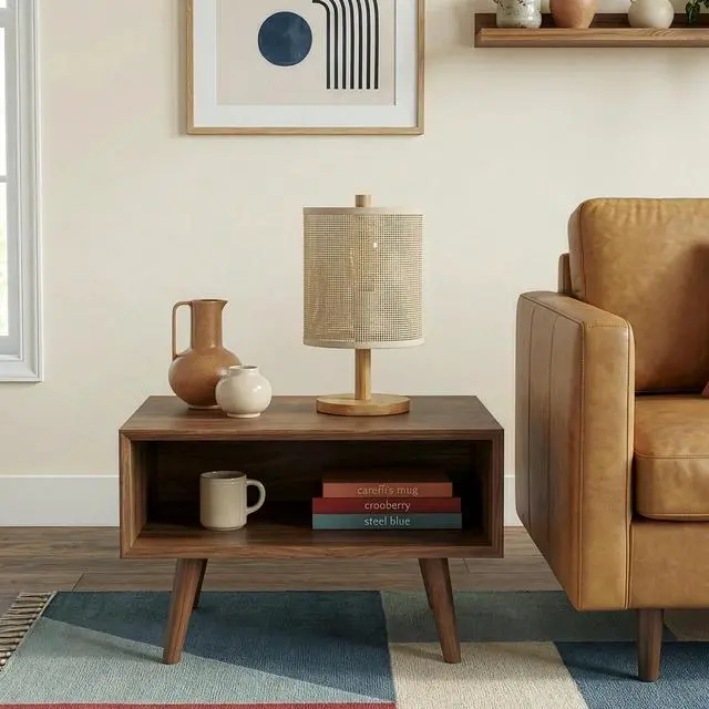 Alt view image 3 of 7 - Levio Table Lamp, Natural Oak Wooden Base with Linen Shade 110-120V Paper Rattan Weave Material Wood,Desktop Lamp From The Us Warehouse, Suitable for Bedroom, Living Room, Study, Reading Room, Office