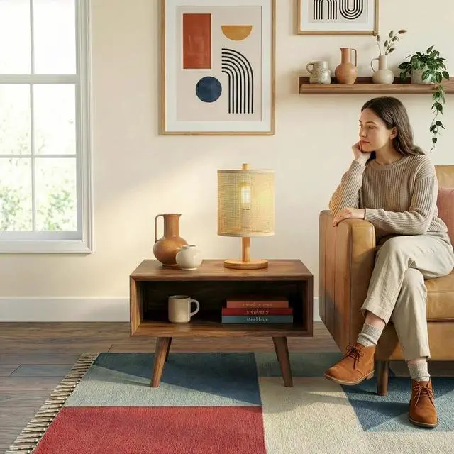 Alt view image 5 of 7 - Levio Table Lamp, Natural Oak Wooden Base with Linen Shade 110-120V Paper Rattan Weave Material Wood,Desktop Lamp From The Us Warehouse, Suitable for Bedroom, Living Room, Study, Reading Room, Office