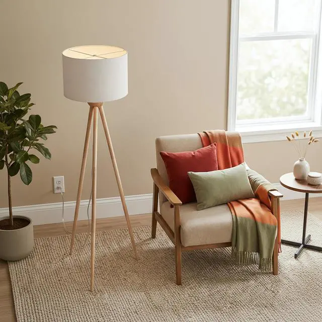 Main image of Tall Corner Floor Lamp, Energy Efficient Led Standing Light for Living Room, Bedroom & Office Space Illumination Lirios Three Legged Wooden Strip Floor Lamp - Natural 110V