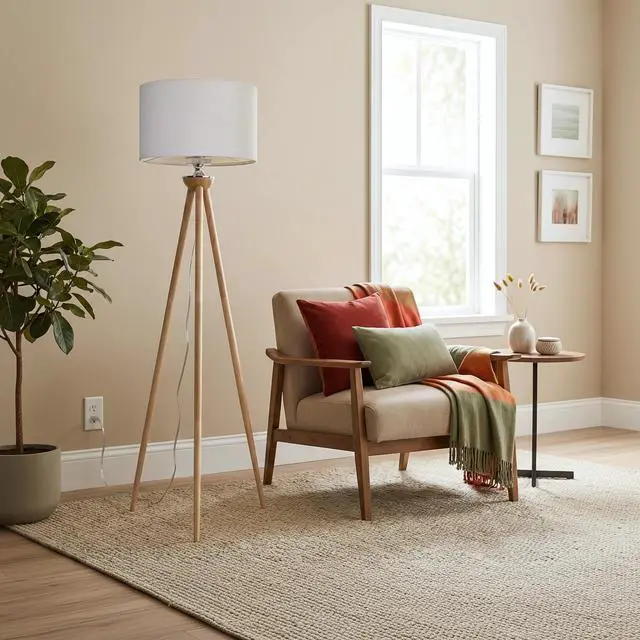 Alt view image 2 of 5 - Tall Corner Floor Lamp, Energy Efficient Led Standing Light for Living Room, Bedroom & Office Space Illumination Lirios Three Legged Wooden Strip Floor Lamp - Natural 110V