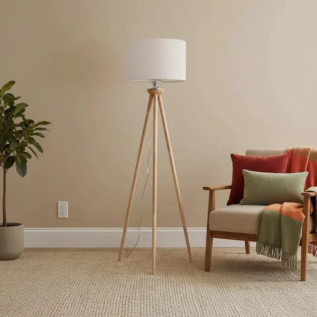 Alt view image 3 of 5 - Tall Corner Floor Lamp, Energy Efficient Led Standing Light for Living Room, Bedroom & Office Space Illumination Lirios Three Legged Wooden Strip Floor Lamp - Natural 110V
