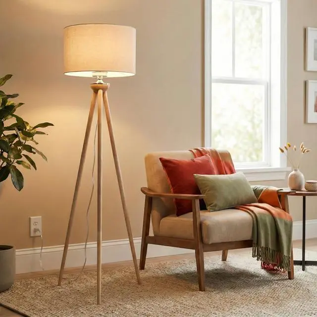 Alt view image 5 of 5 - Tall Corner Floor Lamp, Energy Efficient Led Standing Light for Living Room, Bedroom & Office Space Illumination Lirios Three Legged Wooden Strip Floor Lamp - Natural 110V