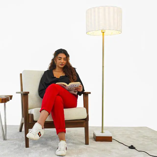 Alt view image 2 of 7 - Minimalist Floor Lamp, Slim Standing Light with Neutral Shade for Contemporary Living Room & Bedroom Ambience Viora Marble Base Floor Lamp - Dark Brown and White 110V
