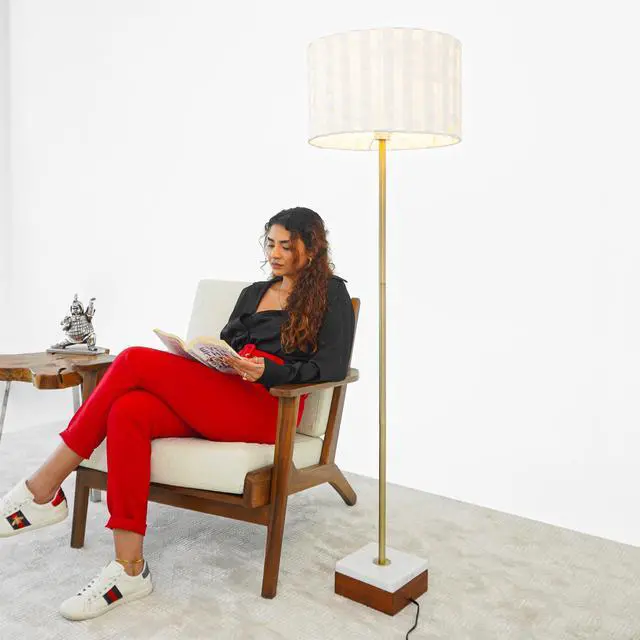 Alt view image 6 of 7 - Minimalist Floor Lamp, Slim Standing Light with Neutral Shade for Contemporary Living Room & Bedroom Ambience Viora Marble Base Floor Lamp - Dark Brown and White 110V