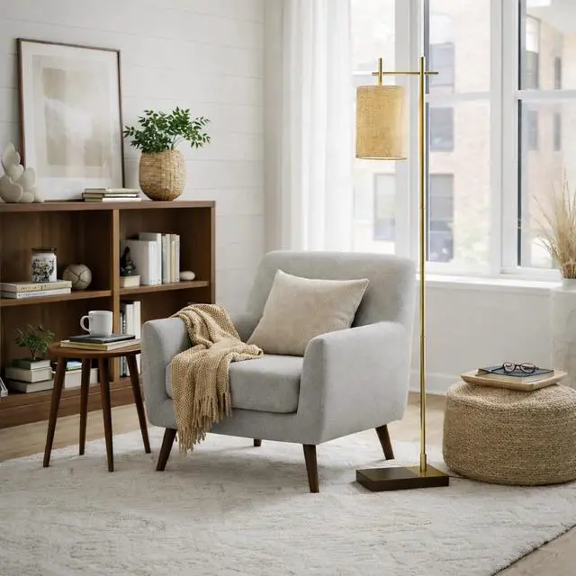 Main image of Tall Corner Floor Lamp, Standing Light for Living Room, Bedroom & Office Space Illumination Brizo Bamboo Lampshade Floor Lamp Dark Brown and Bronze 110V