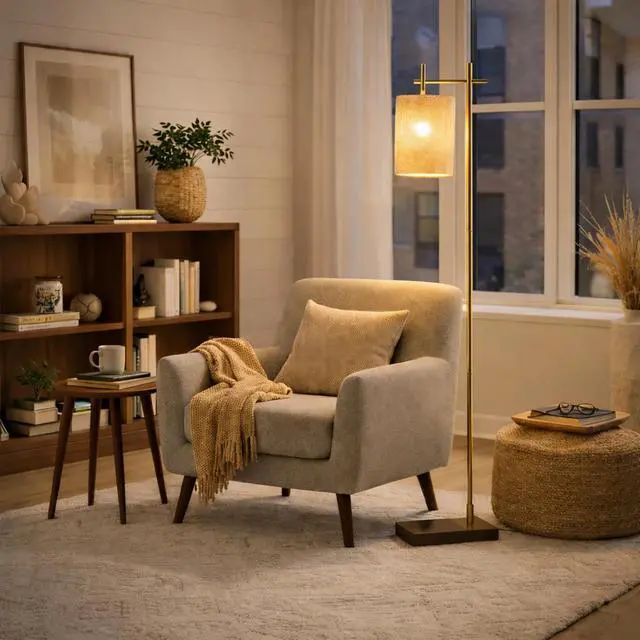 Alt view image 4 of 6 - Tall Corner Floor Lamp, Standing Light for Living Room, Bedroom & Office Space Illumination Brizo Bamboo Lampshade Floor Lamp Dark Brown and Bronze 110V
