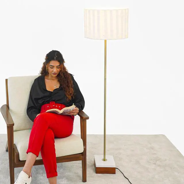 Alt view image 5 of 7 - Minimalist Floor Lamp, Slim Standing Light with Neutral Shade for Contemporary Living Room & Bedroom Ambience Viora Marble Base Floor Lamp - Dark Brown and White 110V