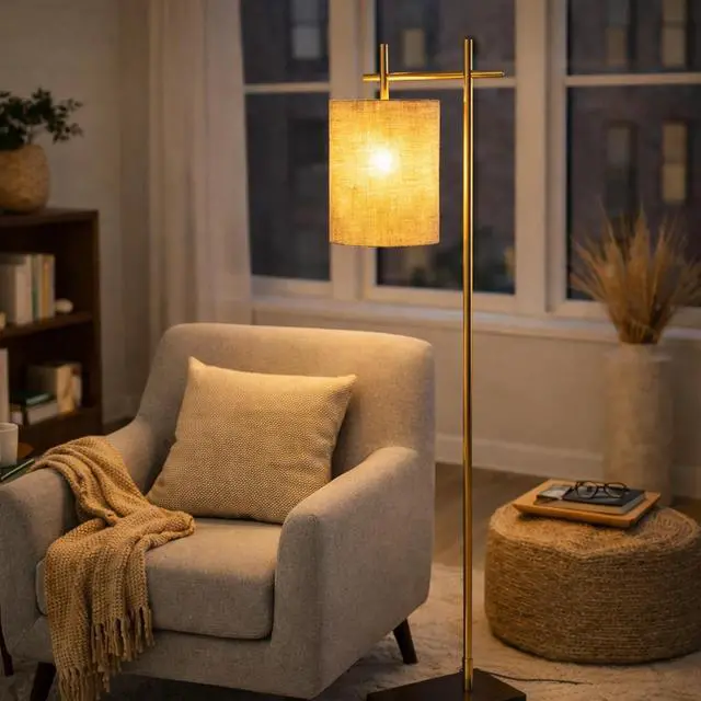 Alt view image 2 of 6 - Tall Corner Floor Lamp, Standing Light for Living Room, Bedroom & Office Space Illumination Brizo Bamboo Lampshade Floor Lamp Dark Brown and Bronze 110V