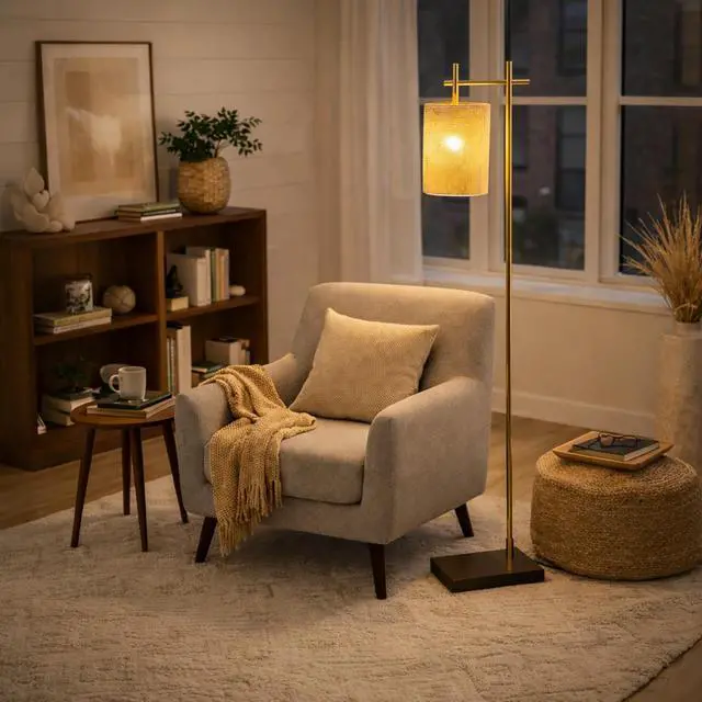 Alt view image 3 of 6 - Tall Corner Floor Lamp, Standing Light for Living Room, Bedroom & Office Space Illumination Brizo Bamboo Lampshade Floor Lamp Dark Brown and Bronze 110V