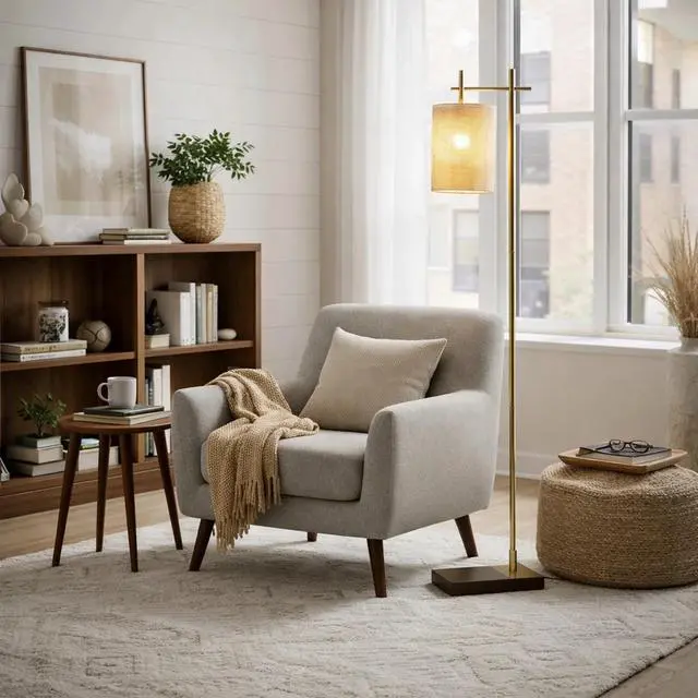 Alt view image 5 of 6 - Tall Corner Floor Lamp, Standing Light for Living Room, Bedroom & Office Space Illumination Brizo Bamboo Lampshade Floor Lamp Dark Brown and Bronze 110V
