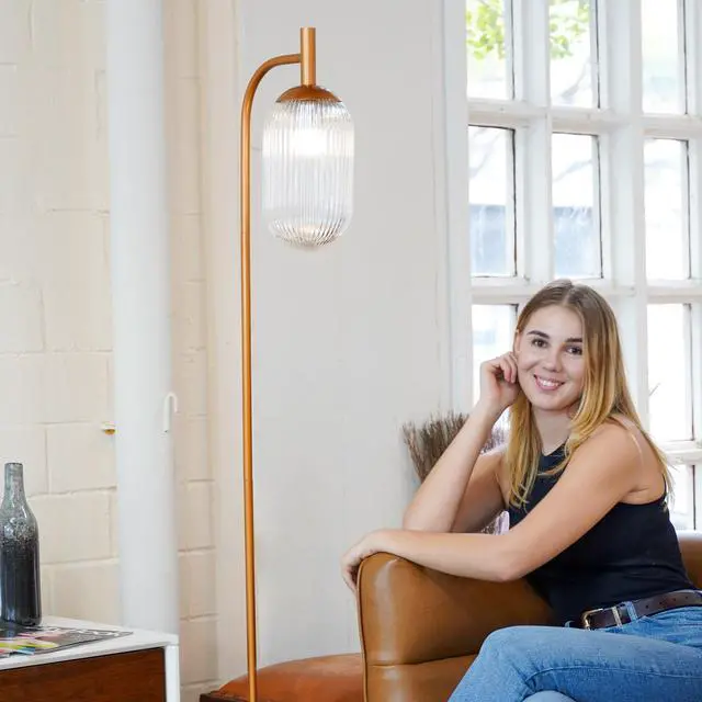 Alt view image 5 of 7 - Classic Modern Floor Lamp, Upward Lighting Design for Living Room Ambience, Bedroom & Office Space Vela Floor Lamp Bronze and Clear 110-120V