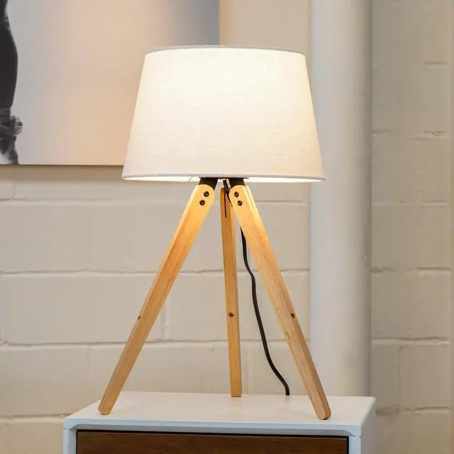 Alt view image 2 of 7 - High Quality Hotel European Modern Bed Side Nightstand Decorative Led Table/Desk Lamp, Birch Three Legged Wooden Bar Table Lamp - Natural - Black 110V
