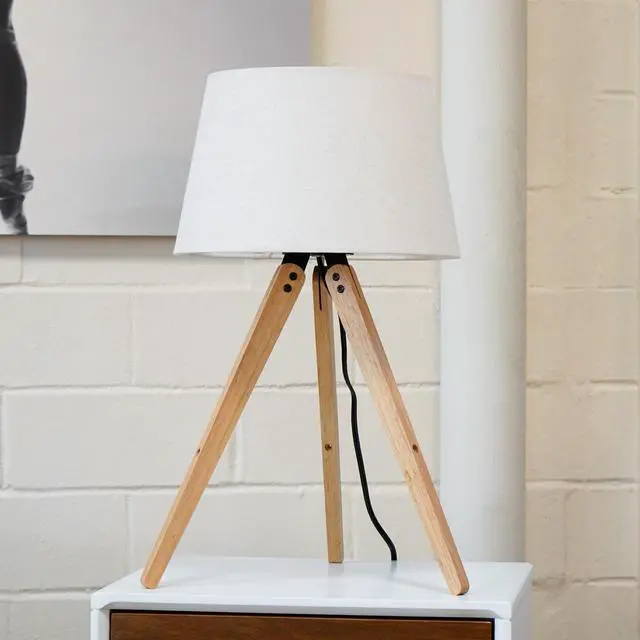 Alt view image 7 of 7 - High Quality Hotel European Modern Bed Side Nightstand Decorative Led Table/Desk Lamp, Birch Three Legged Wooden Bar Table Lamp - Natural - Black 110V
