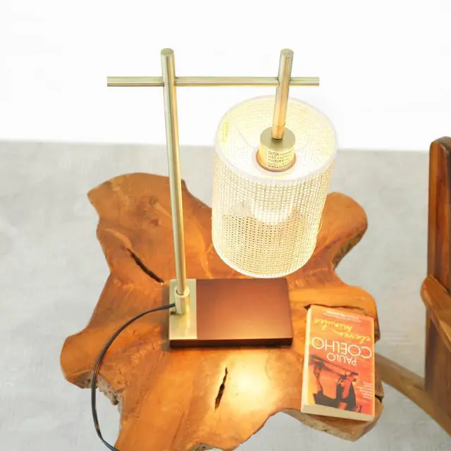 Alt view image 4 of 7 - Bedroom Table Lamp Nordic Home Creative Romantic Warm Study Room Desk Bedside Lamp, Moonstone Bamboo Lampshade Table Lamp - Dark Brown - Bronze 110V