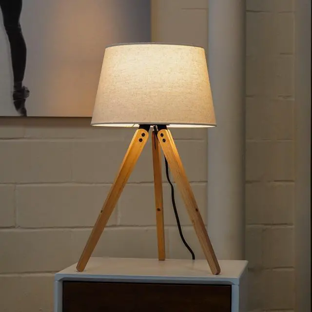 Alt view image 6 of 7 - High Quality Hotel European Modern Bed Side Nightstand Decorative Led Table/Desk Lamp, Birch Three Legged Wooden Bar Table Lamp - Natural - Black 110V