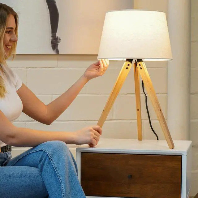 Alt view image 5 of 7 - High Quality Hotel European Modern Bed Side Nightstand Decorative Led Table/Desk Lamp, Birch Three Legged Wooden Bar Table Lamp - Natural - Black 110V
