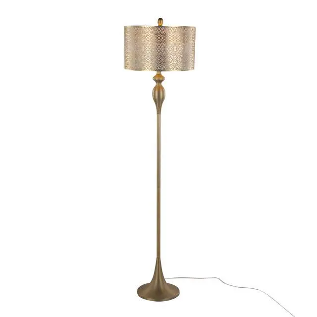 Alt view image 2 of 5 - 63" Contemporary Metal Floor Lamp in Gold Metal with Laser Cut Metal and Off-White Linen Shade