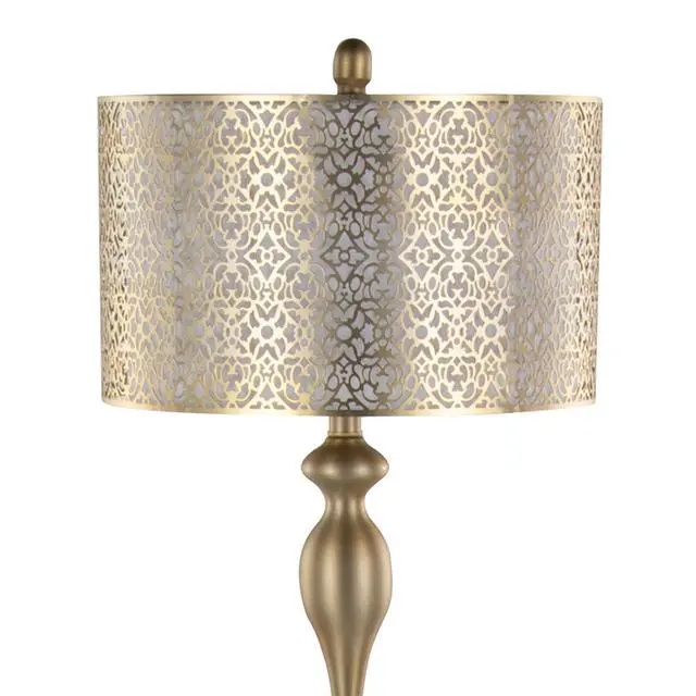 Alt view image 3 of 5 - 63" Contemporary Metal Floor Lamp in Gold Metal with Laser Cut Metal and Off-White Linen Shade