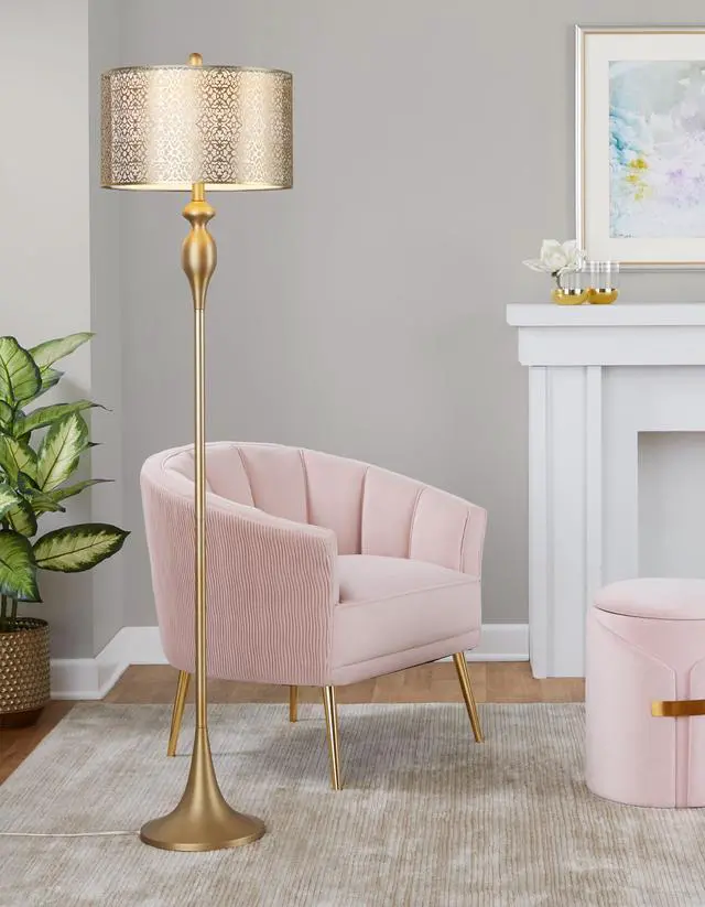 Alt view image 5 of 5 - 63" Contemporary Metal Floor Lamp in Gold Metal with Laser Cut Metal and Off-White Linen Shade