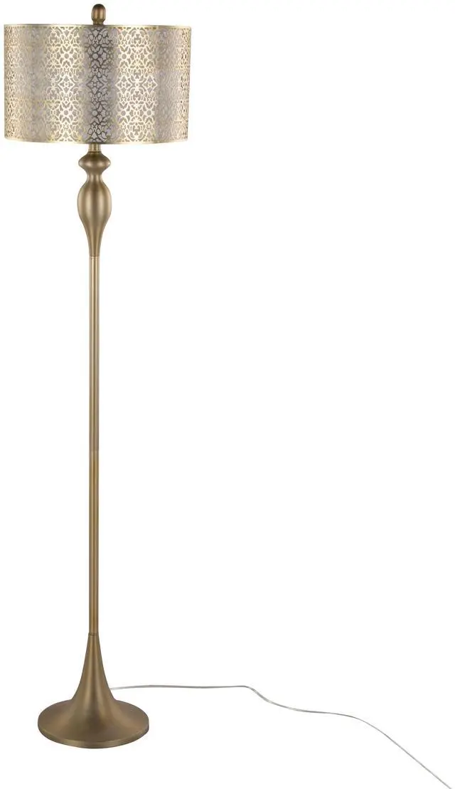 Main image of 63" Contemporary Metal Floor Lamp in Gold Metal with Laser Cut Metal and Off-White Linen Shade