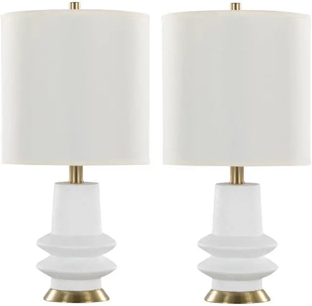 Main image of Lloyd 26" Contemporary Polyresin Table Lamp in Sanded Matte White Polyresin, Modern Brass and White Linen Shade From Grandview Gallery - Set Of 2