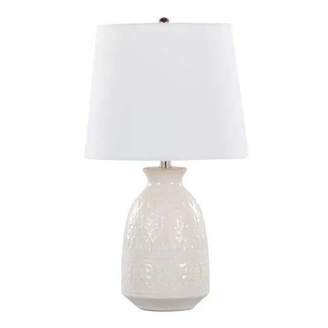 Alt view image 3 of 6 - Claudia 20" Contemporary Ceramic Accent Lamp in Off-White Ceramic, Polished Nickel Accents and White Linen Shade From Grandview Gallery - Set Of 2