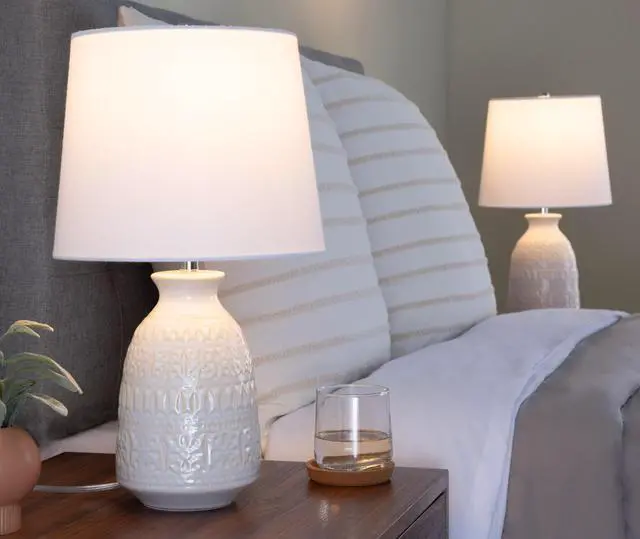 Alt view image 2 of 6 - Claudia 20" Contemporary Ceramic Accent Lamp in Off-White Ceramic, Polished Nickel Accents and White Linen Shade From Grandview Gallery - Set Of 2