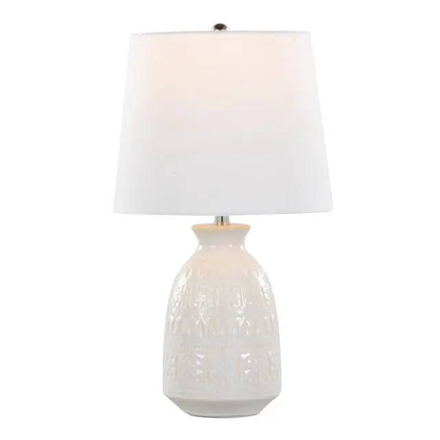 Alt view image 4 of 6 - Claudia 20" Contemporary Ceramic Accent Lamp in Off-White Ceramic, Polished Nickel Accents and White Linen Shade From Grandview Gallery - Set Of 2
