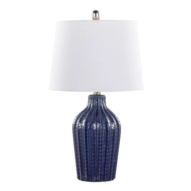 Alt view image 2 of 5 - Rockwell 23" Contemporary Ceramic Table Lamp in Dark Blue Ceramic, Polished Nickel and White Linen Shade From Grandview Gallery - Set Of 2