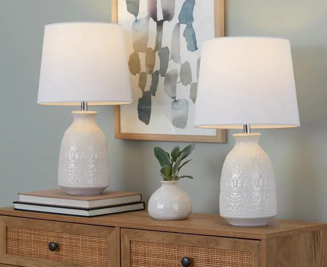 Alt view image 6 of 6 - Claudia 20" Contemporary Ceramic Accent Lamp in Off-White Ceramic, Polished Nickel Accents and White Linen Shade From Grandview Gallery - Set Of 2