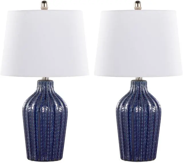 Main image of Rockwell 23" Contemporary Ceramic Table Lamp in Dark Blue Ceramic, Polished Nickel and White Linen Shade From Grandview Gallery - Set Of 2