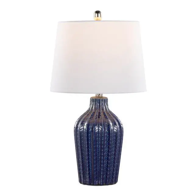 Alt view image 3 of 5 - Rockwell 23" Contemporary Ceramic Table Lamp in Dark Blue Ceramic, Polished Nickel and White Linen Shade From Grandview Gallery - Set Of 2