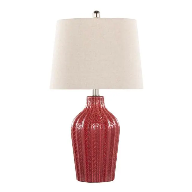 Alt view image 2 of 6 - Rockwell 23" Contemporary Ceramic Table Lamp in Glossy Brick Red Ceramic, Polished Nickel and Natural Linen Shade From Grandview Gallery - Set Of 2