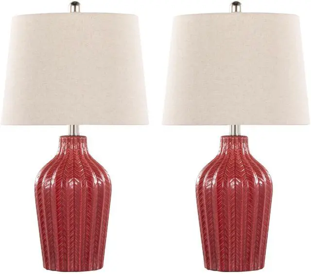 Main image of Rockwell 23" Contemporary Ceramic Table Lamp in Glossy Brick Red Ceramic, Polished Nickel and Natural Linen Shade From Grandview Gallery - Set Of 2