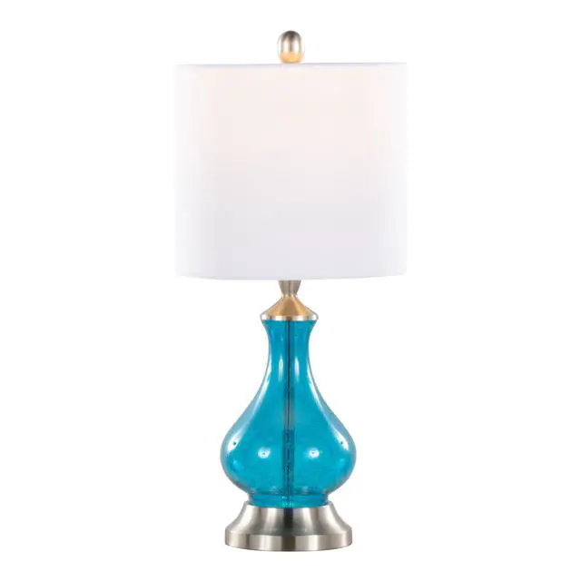 Alt view image 2 of 5 - Jasmine 22" Contemporary Glass Accent Lamp in Clear Sapphire Blue Seeded Glass, Brushed Nickel and White Linen Shade