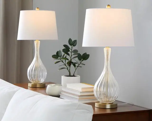 Main image of Jenny 27" Contemporary Glass Table Lamp in Clear Crackle Glass, Gold Metal and White Linen Shade From Grandview Gallery - Set Of 2