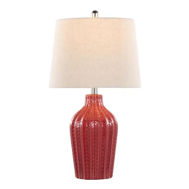 Alt view image 3 of 6 - Rockwell 23" Contemporary Ceramic Table Lamp in Glossy Brick Red Ceramic, Polished Nickel and Natural Linen Shade From Grandview Gallery - Set Of 2
