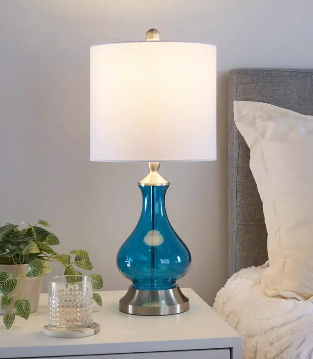 Alt view image 5 of 5 - Jasmine 22" Contemporary Glass Accent Lamp in Clear Sapphire Blue Seeded Glass, Brushed Nickel and White Linen Shade