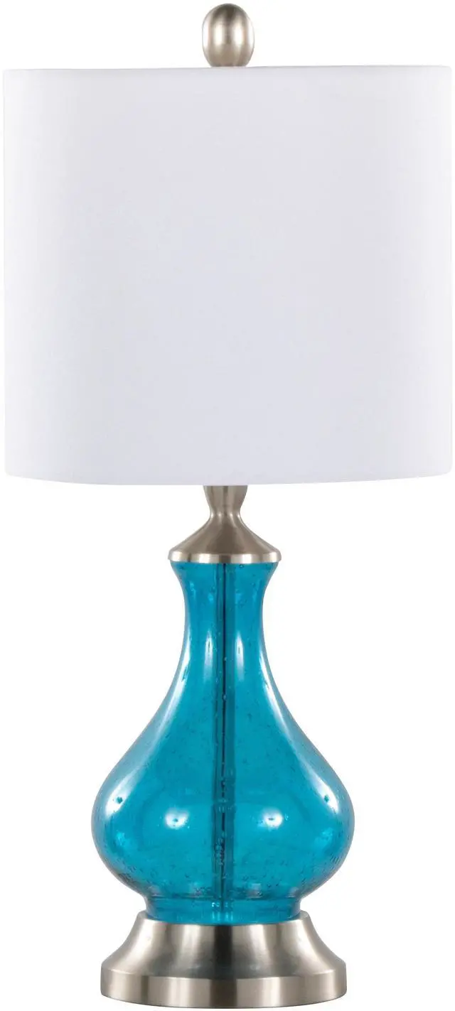 Main image of Jasmine 22" Contemporary Glass Accent Lamp in Clear Sapphire Blue Seeded Glass, Brushed Nickel and White Linen Shade