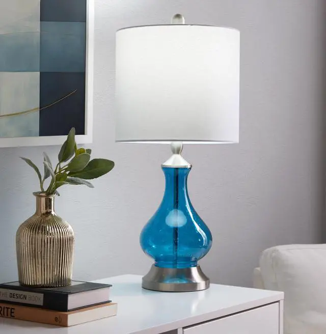 Alt view image 4 of 5 - Jasmine 22" Contemporary Glass Accent Lamp in Clear Sapphire Blue Seeded Glass, Brushed Nickel and White Linen Shade