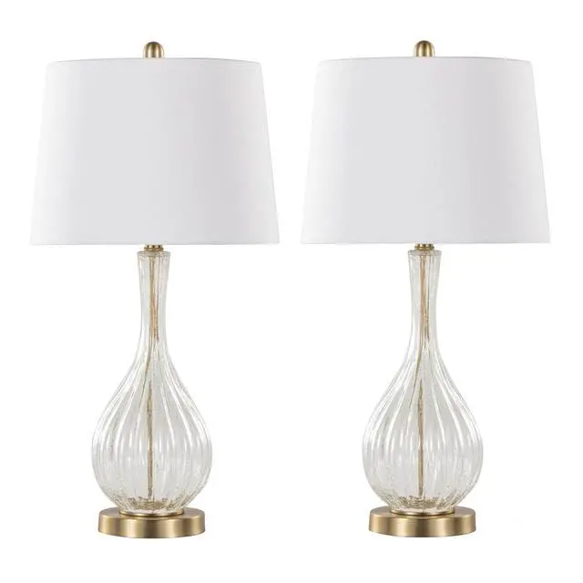 Alt view image 3 of 7 - Jenny 27" Contemporary Glass Table Lamp in Clear Crackle Glass, Gold Metal and White Linen Shade From Grandview Gallery - Set Of 2