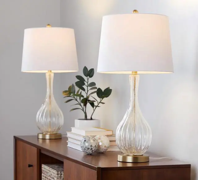 Alt view image 2 of 7 - Jenny 27" Contemporary Glass Table Lamp in Clear Crackle Glass, Gold Metal and White Linen Shade From Grandview Gallery - Set Of 2